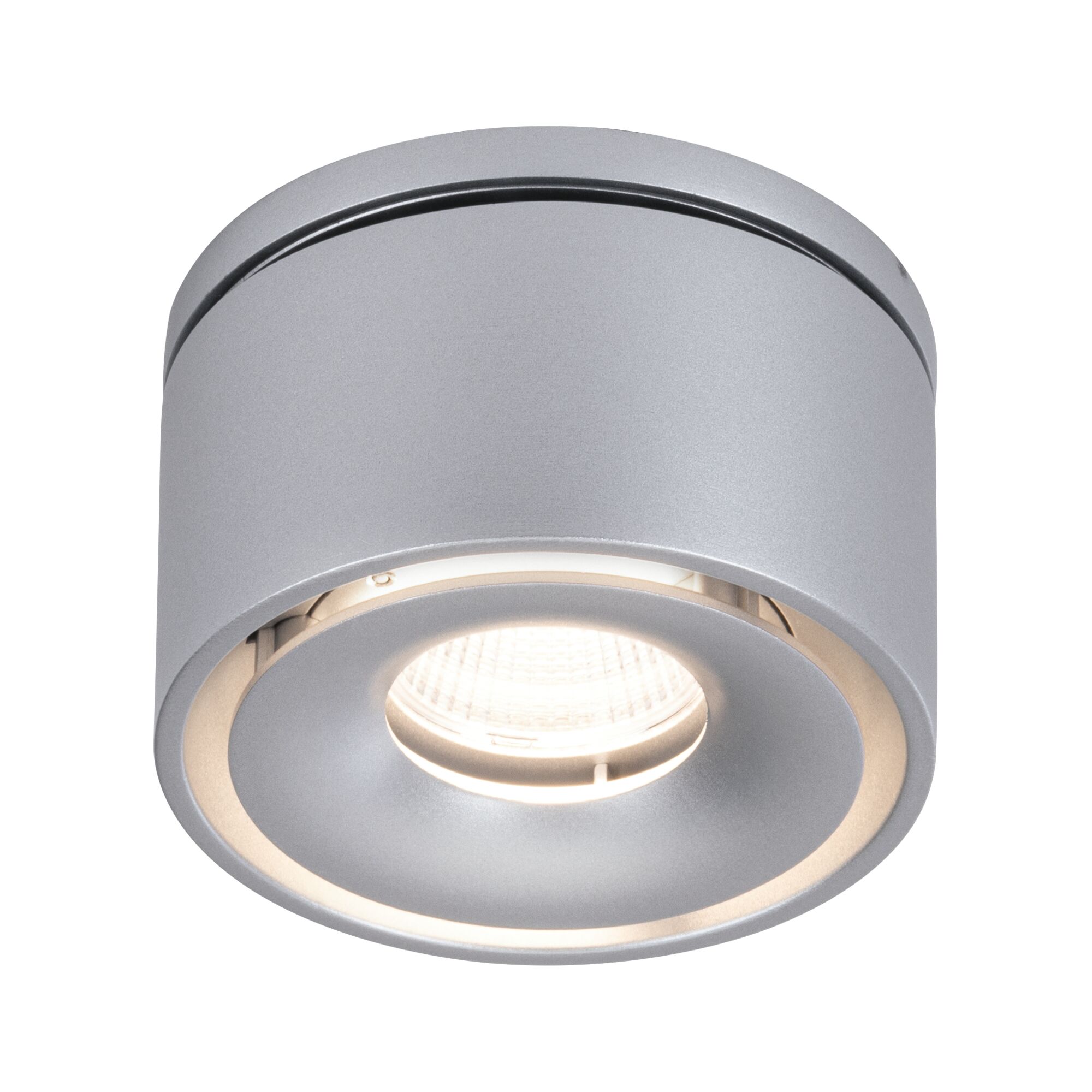 Round ceiling light in matte silver aluminum with warm white LED light for indoor use