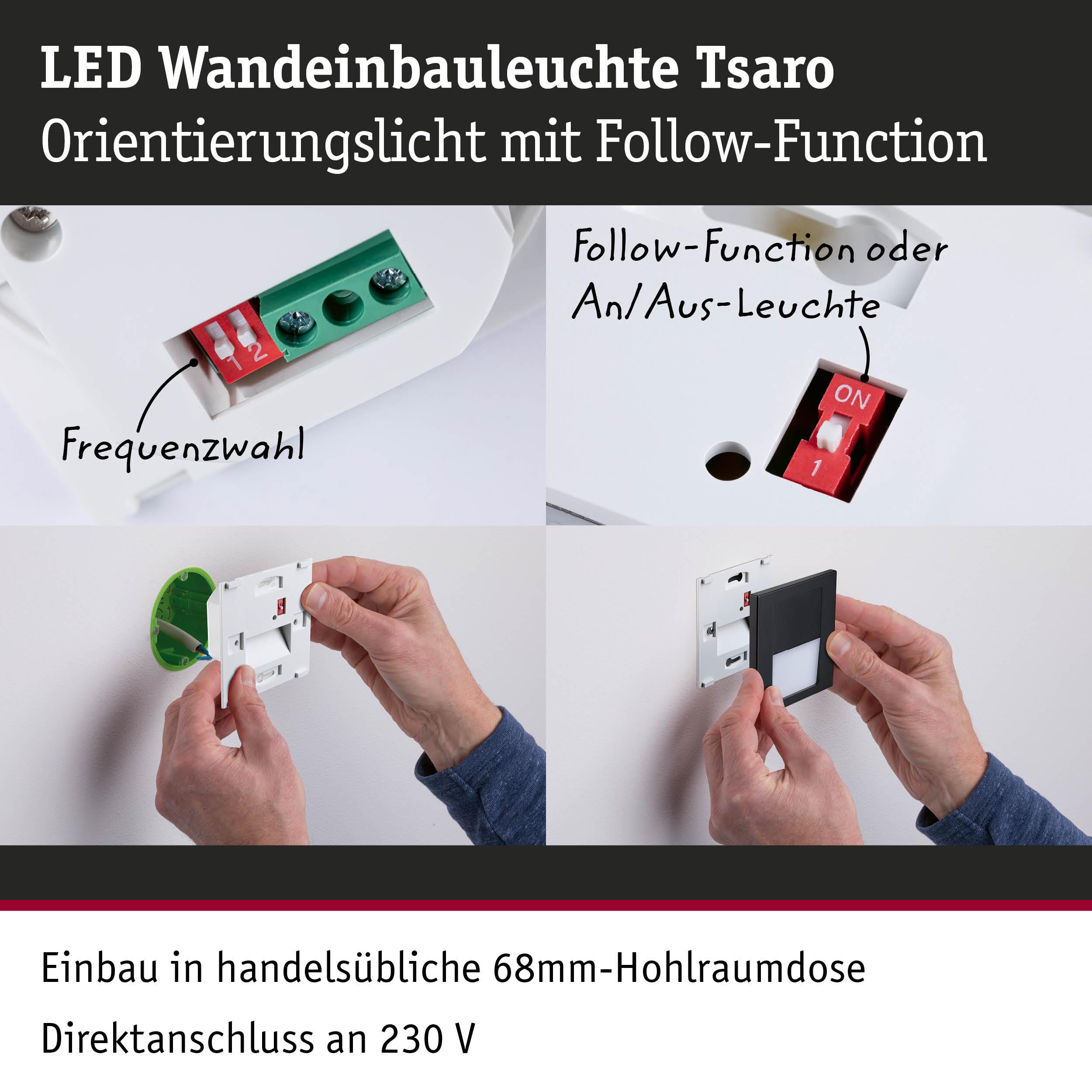 LED Wandeinbauleuchte Tsaro in Weiß mit Follow-Funktion, Montage in 68mm Hohlraumdose, 230V Anschluss