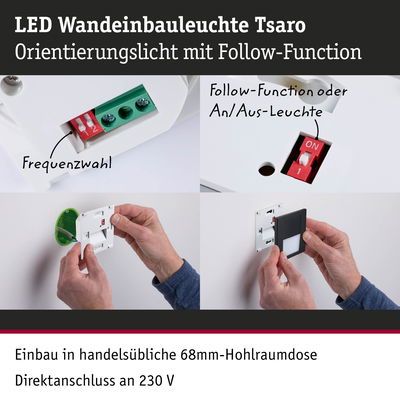 LED Wandeinbauleuchte Tsaro in Weiß mit Follow-Funktion, Montage in 68mm Hohlraumdose, 230V Anschluss
