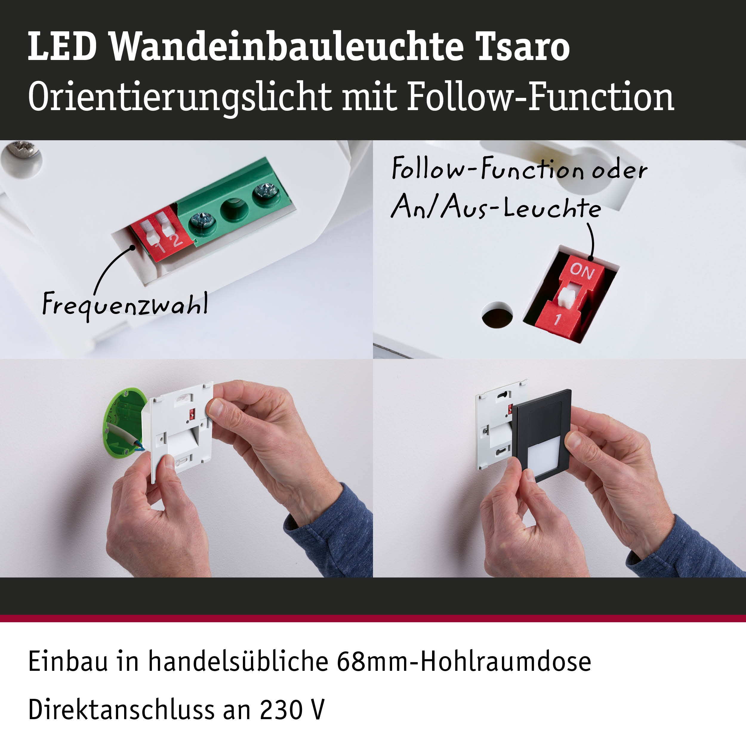 LED Wandeinbauleuchte Tsaro in Weiß mit Follow-Funktion und Frequenzwahl für Wandmontage