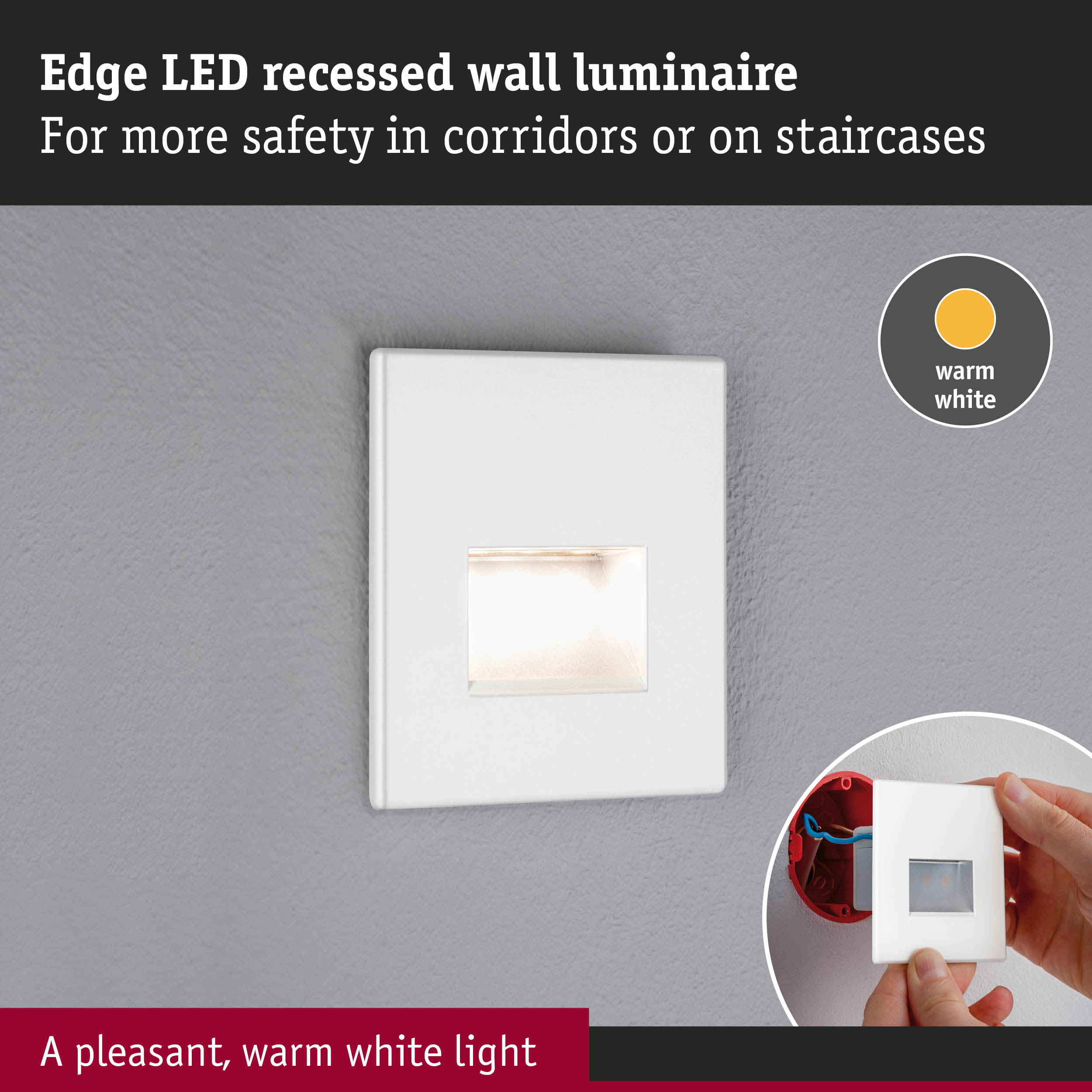 Edge white LED recessed wall light with warm white glow for safer corridors and staircases