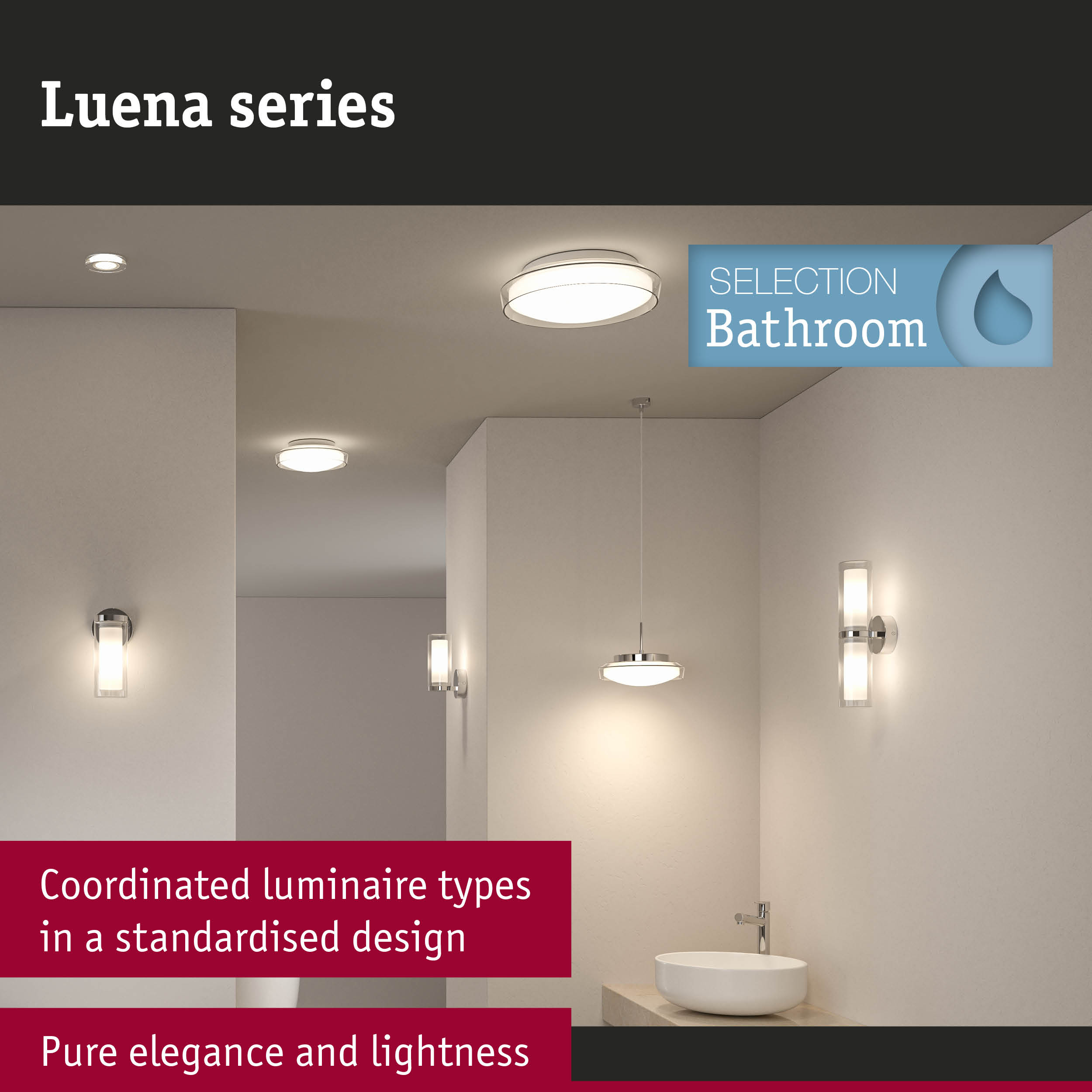 Luena series bathroom lights in chrome with white glass offering elegant and bright lighting