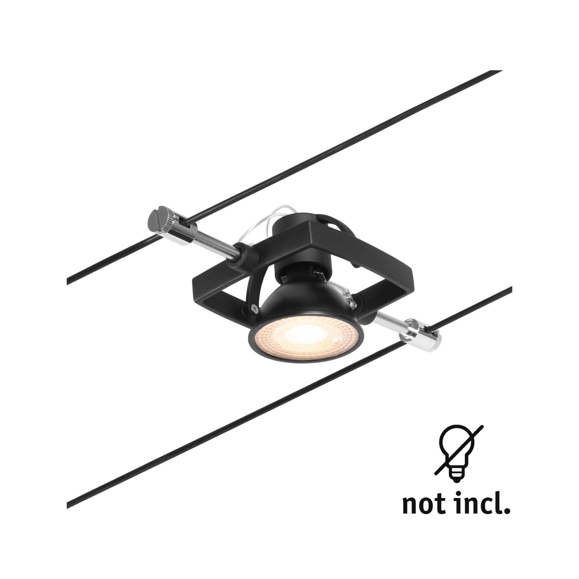 Schwarze LED-Seilstrahlerleuchte aus Metall mit verstellbarem Spot und Kabelbefestigung ohne Leuchtmittel