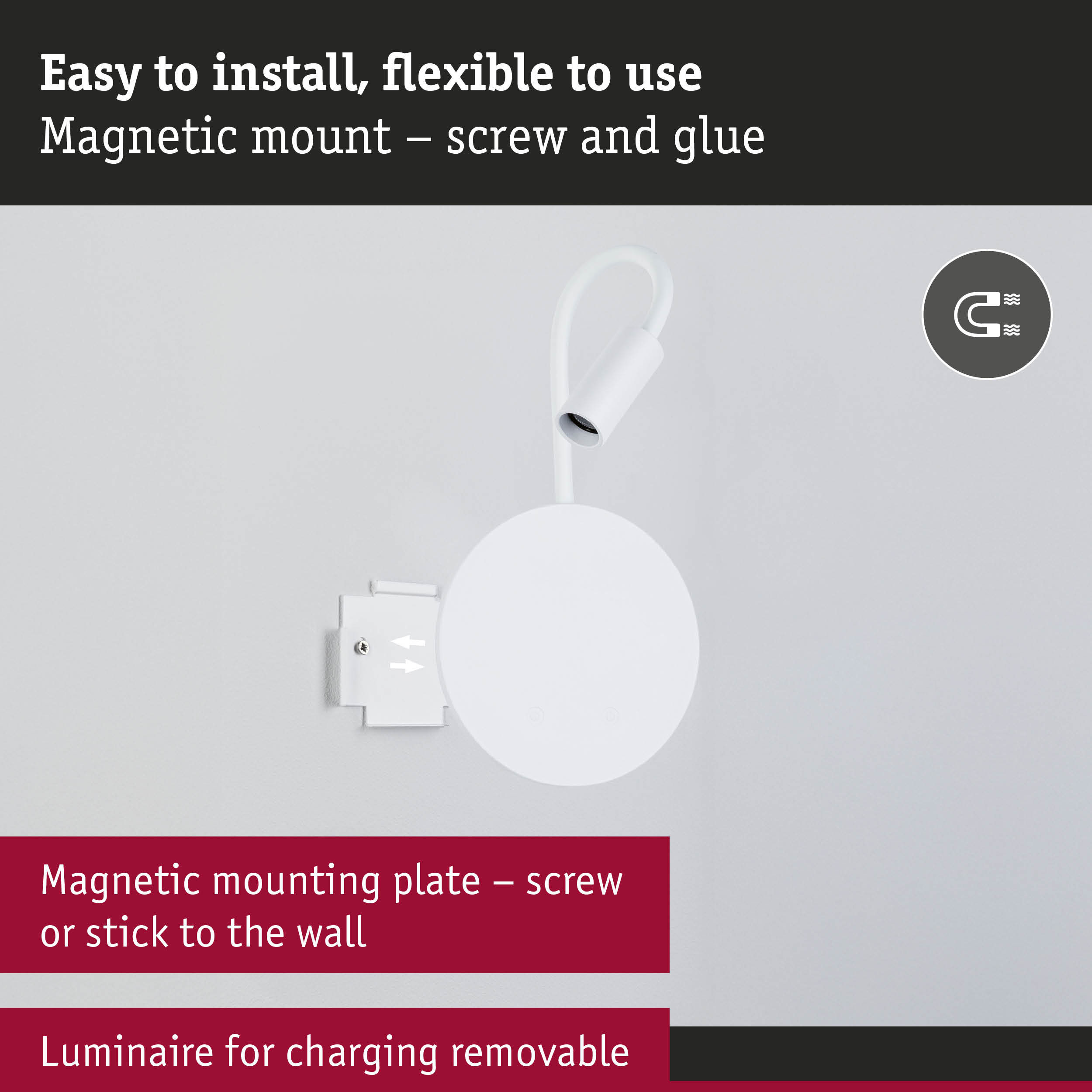 White LED wall spotlight with magnetic mount, easy installation using screw or adhesive for flexible use