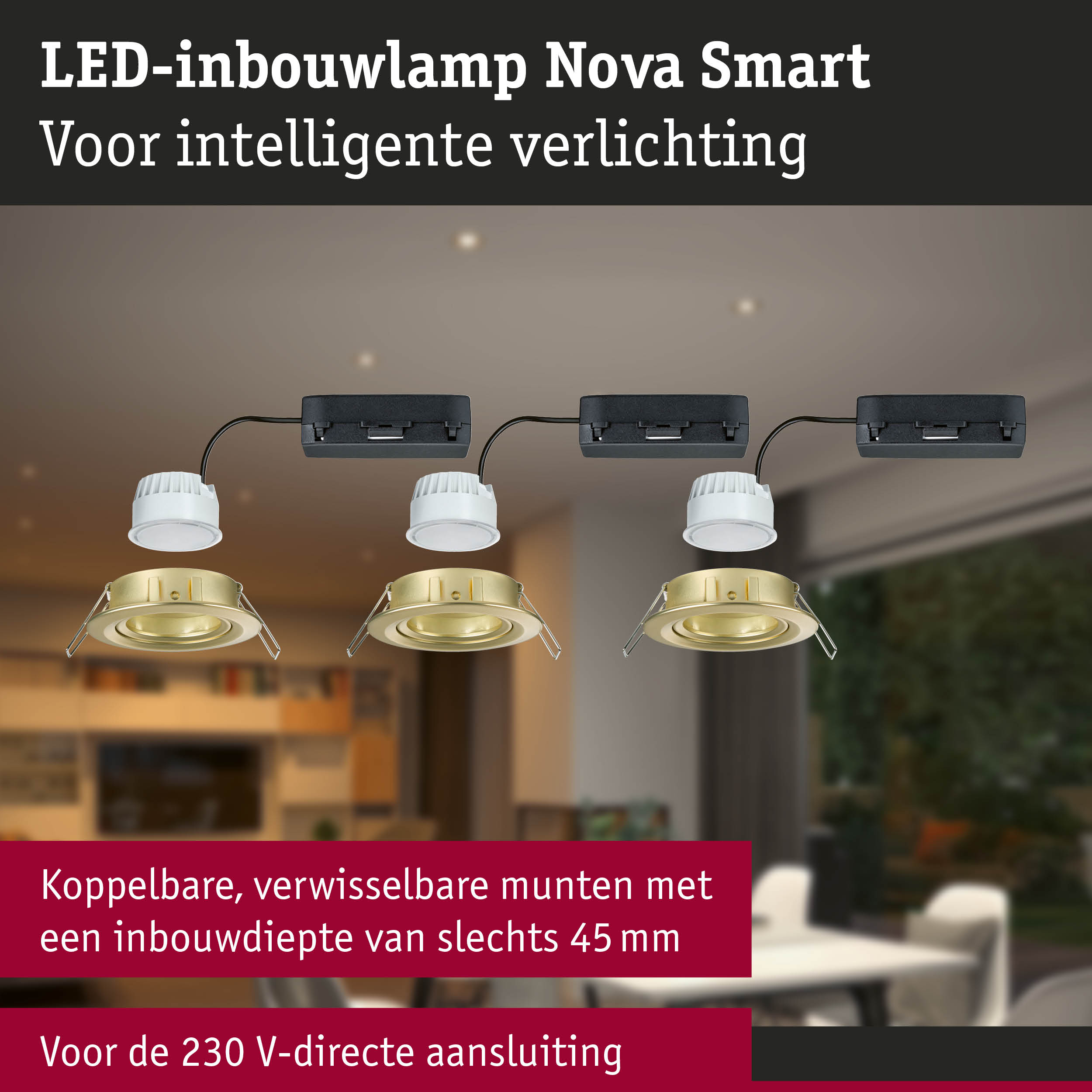 LED-inbouwlamp Nova Smart in goud met witte behuizing voor intelligente verlichting