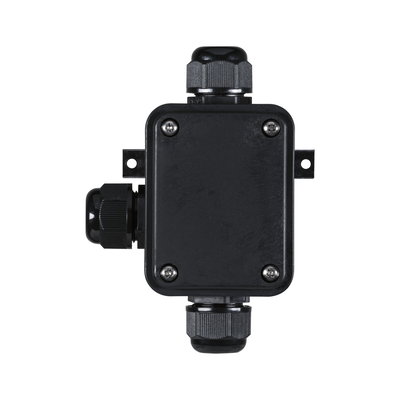 Black plastic junction box with cable glands for electrical wiring and connections