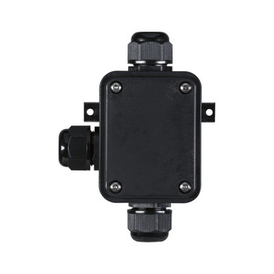 Black plastic junction box with cable glands for electrical wiring and connections