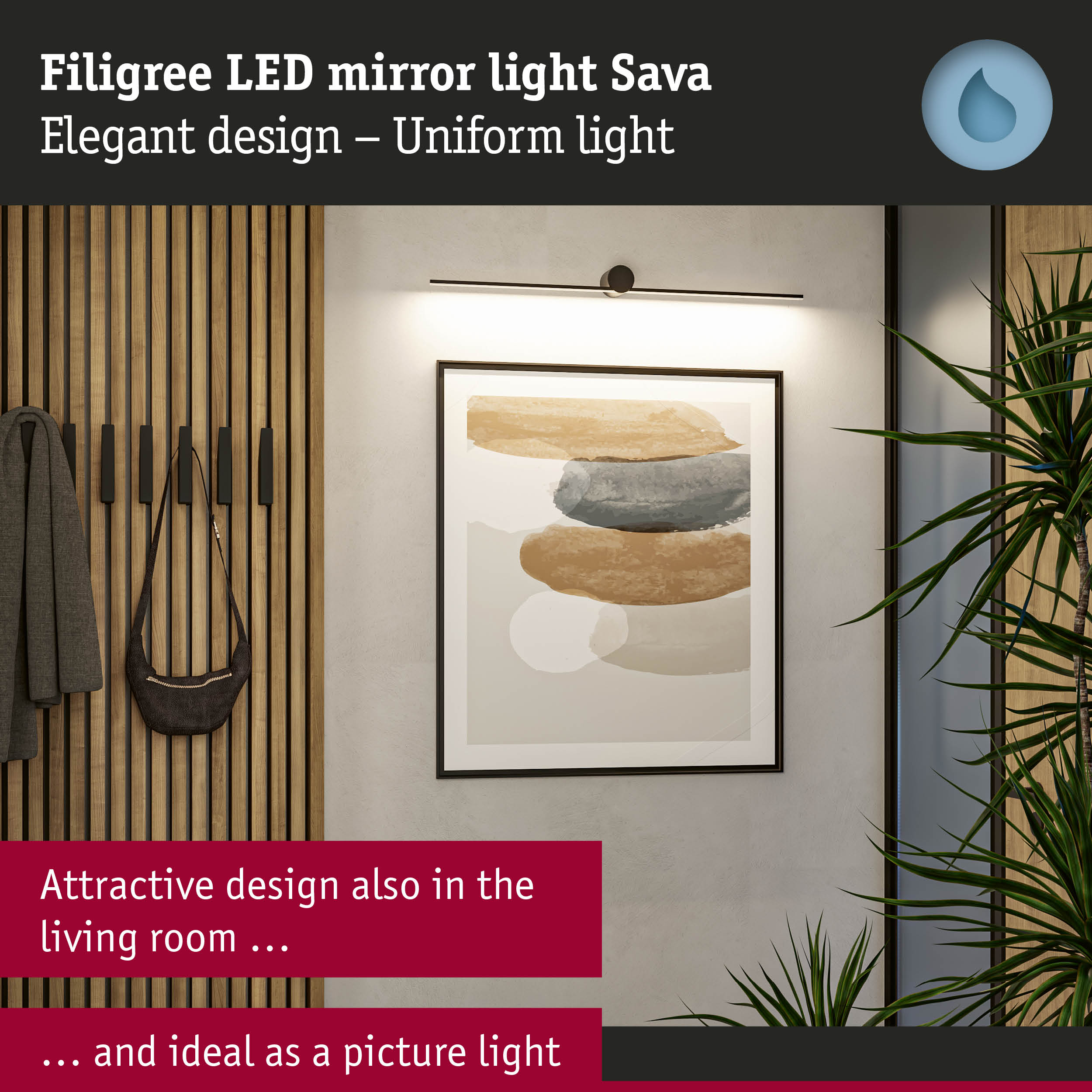 Filigree black LED mirror light Sava with uniform illumination for living room and picture lighting