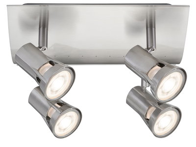 Vierflammiger LED-Deckenstrahler aus gebürstetem Edelstahl für moderne Raumbeleuchtung