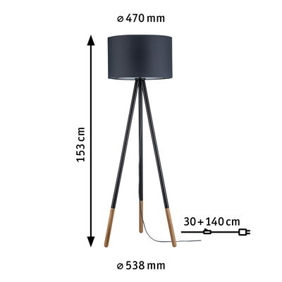 Stehende Dreibeinlampe mit schwarzem Stoffschirm und Holzbeinen, 153 cm hoch, moderne Wohnraumbeleuchtung
