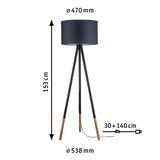 Lampadaire trépied avec abat-jour noir en tissu et pieds en bois, hauteur 153 cm, éclairage intérieur moderne