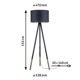 Staande driepootlamp met zwarte stoffen kap en houten poten, 153 cm hoog, moderne woonverlichting