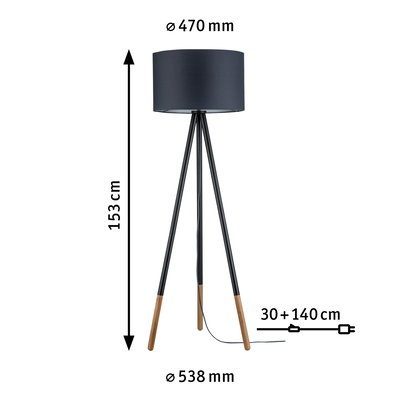 Staande driepootlamp met zwarte stoffen kap en houten poten, 153 cm hoog, moderne woonverlichting