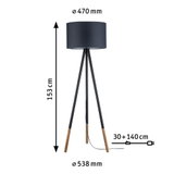 Tripod floor lamp with black fabric shade and wooden legs, 153 cm tall, modern home lighting design