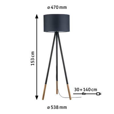 Tripod floor lamp with black fabric shade and wooden legs, 153 cm tall, modern home lighting design