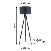Stehende Dreibeinlampe mit schwarzem Stoffschirm und Holzbeinen, 153 cm hoch, moderne Wohnraumbeleuchtung