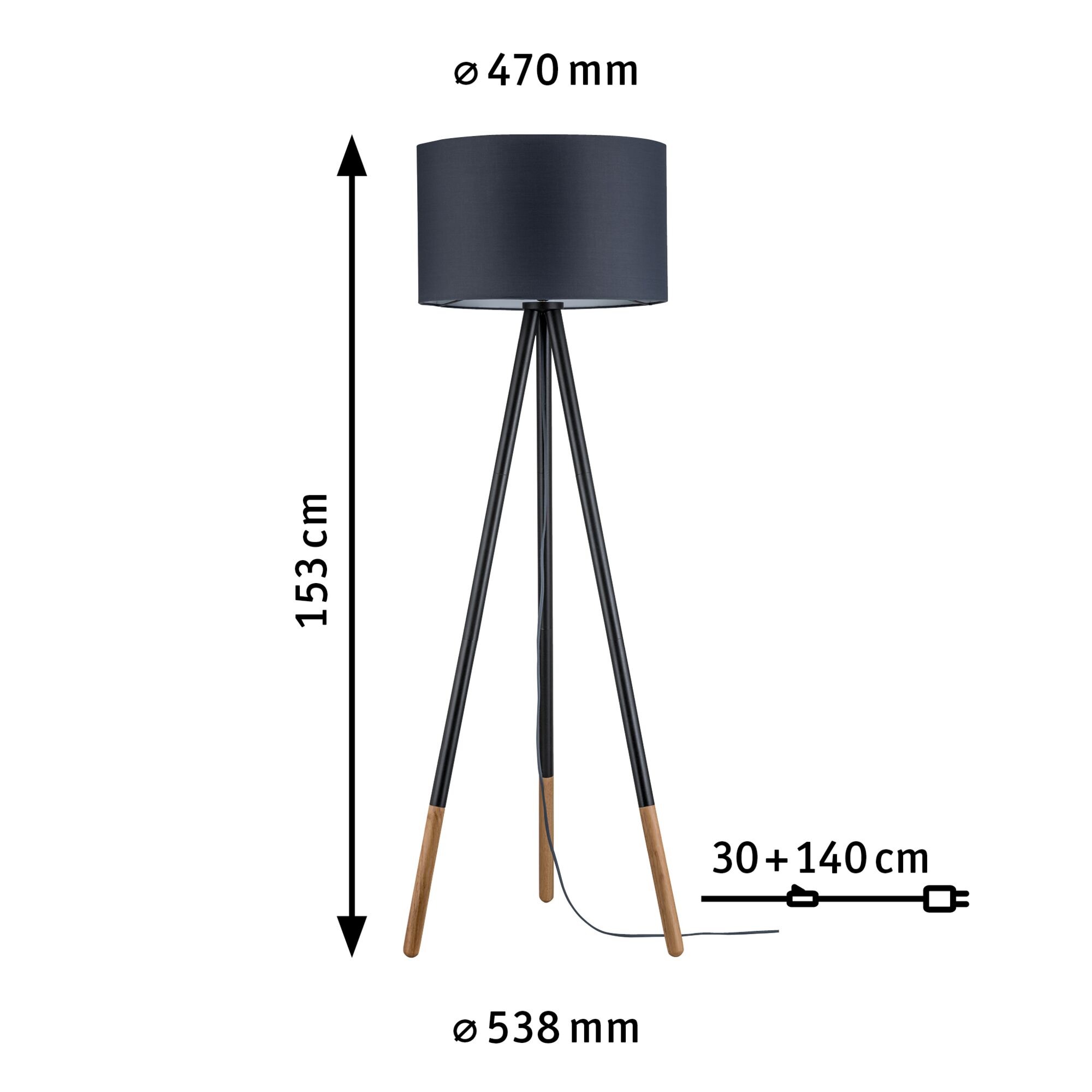 Lampa stojąca na trójnogu z czarnym abażurem i drewnianymi nogami, wysokość 153 cm, średnica 47 cm
