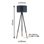 Lampa stojąca na trójnogu z czarnym abażurem i drewnianymi nogami, wysokość 153 cm, średnica 47 cm