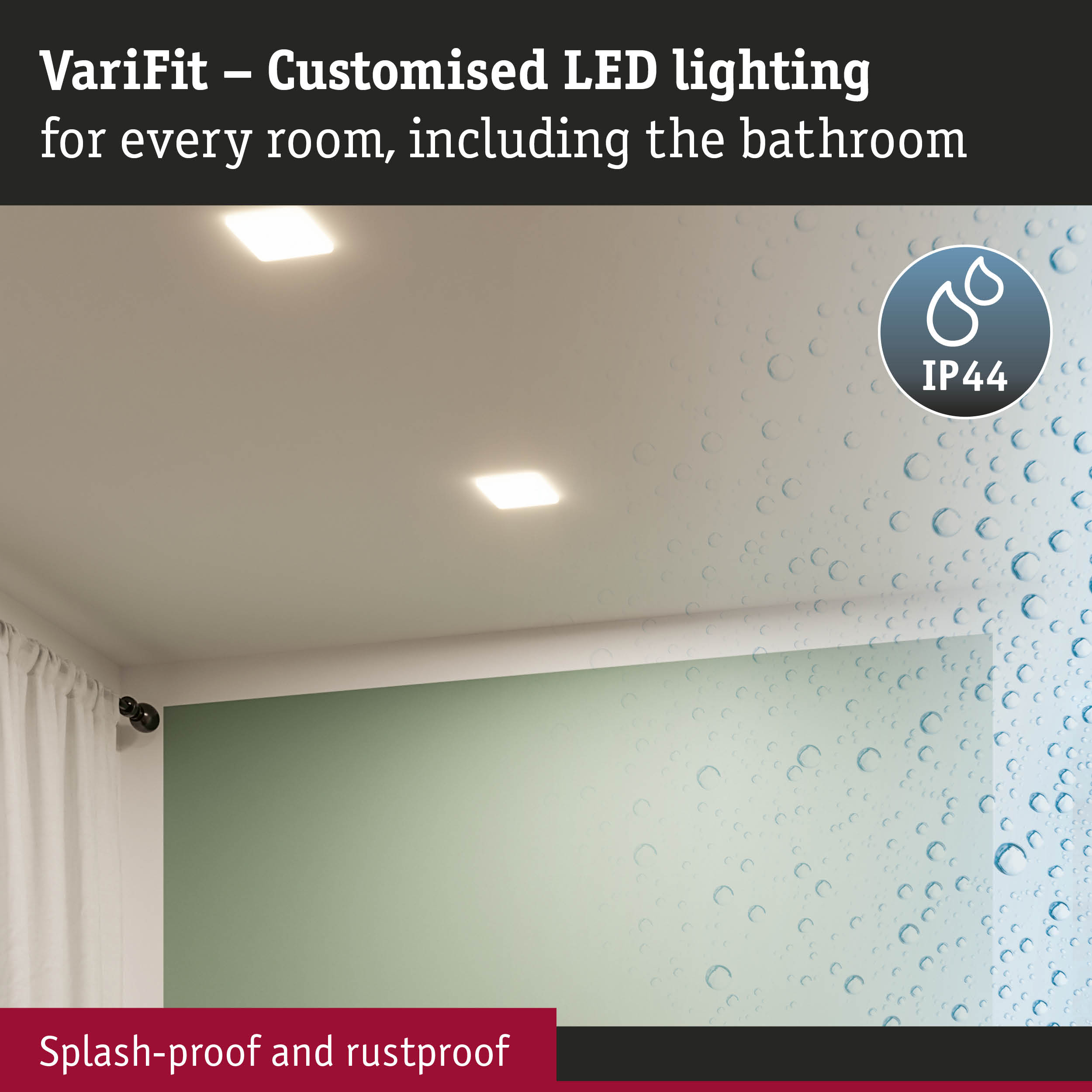 White VariFit LED ceiling lights with IP44 rating for bathroom and damp room lighting