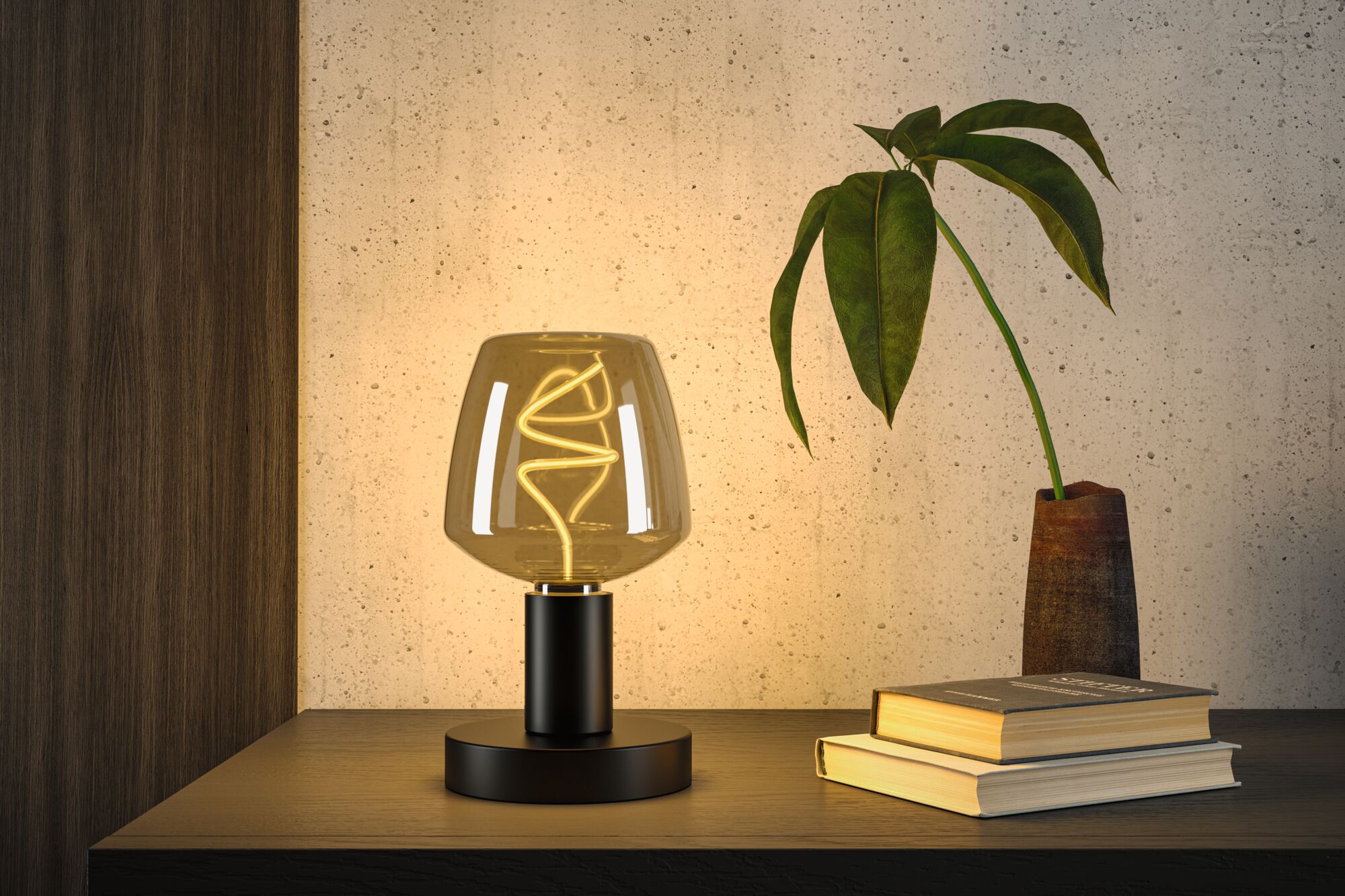Moderne Tischlampe mit schwarzem Metallfuß und warmem Glaslicht neben Pflanze und Büchern auf Holzoberfläche