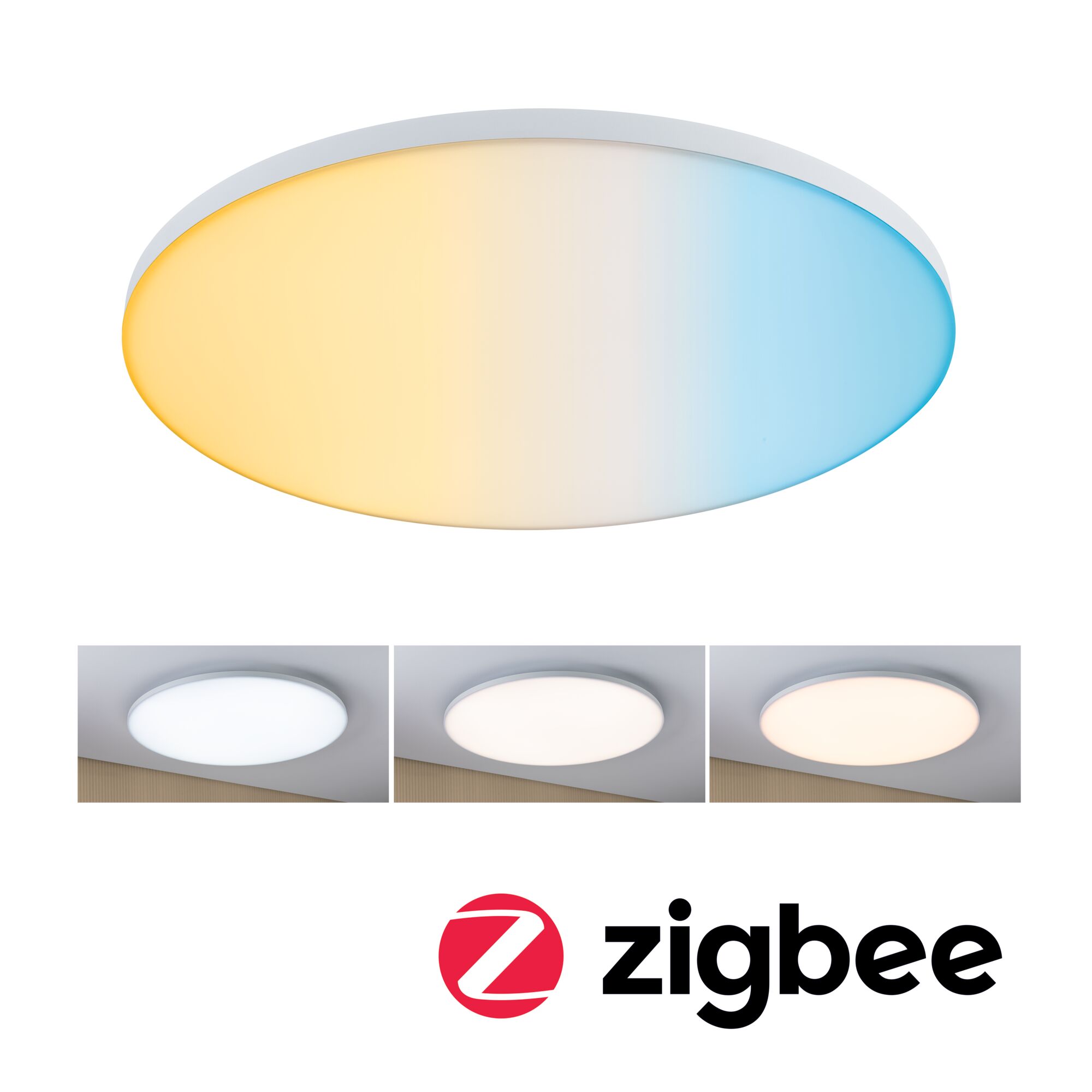 Round LED ceiling light with white frame and adjustable color temperature from warm to cool white