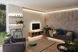 Moderne woonkamer met indirecte LED-verlichting aan plafond, muren en meubels voor gezellige sfeer