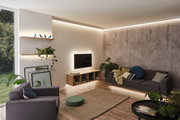Modernes Wohnzimmer mit indirekter LED-Beleuchtung an Decke, Wand und Möbeln für gemütliche Atmosphäre