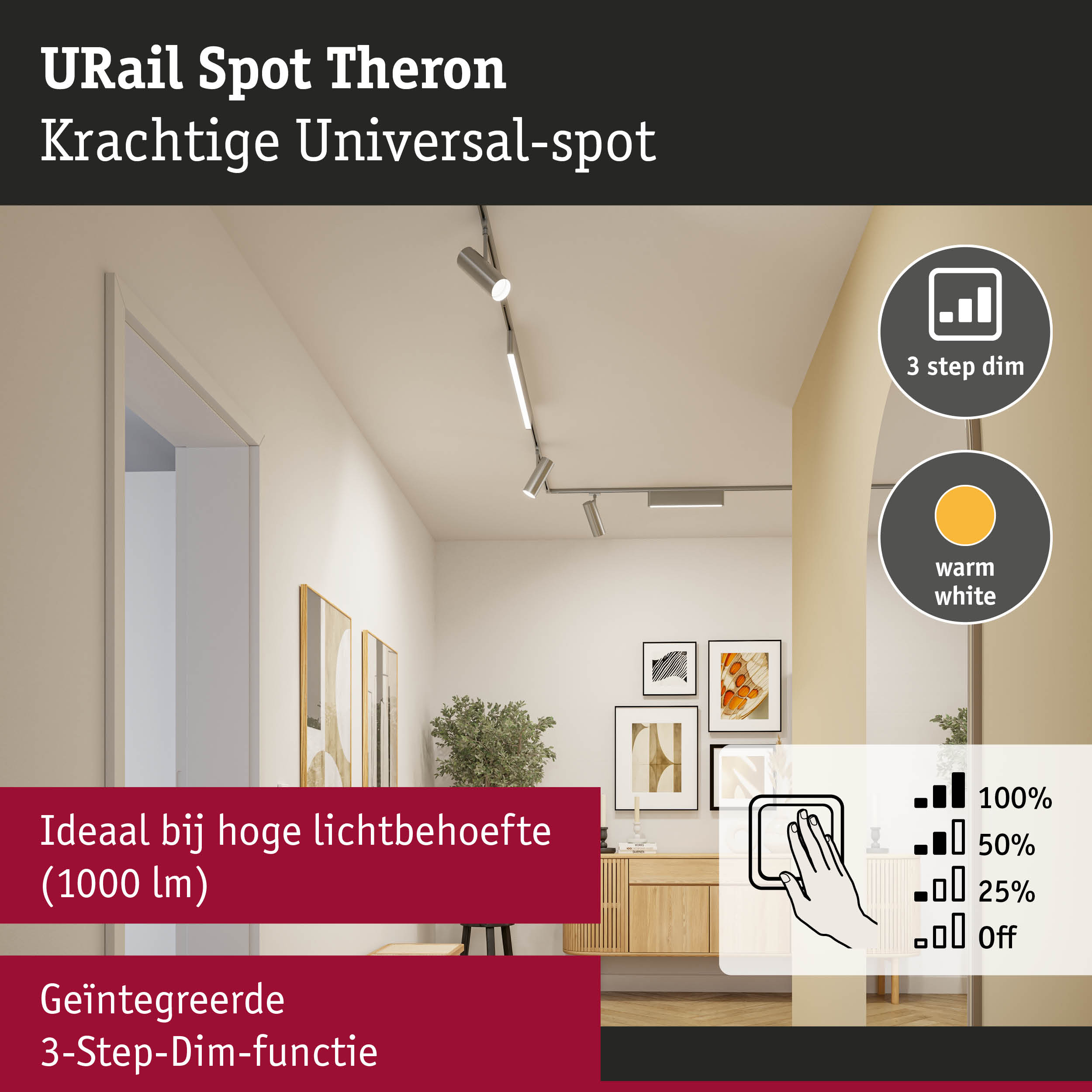 URail Spot Theron krachtige universele spot in zilver met 3-staps dimfunctie en warm wit licht