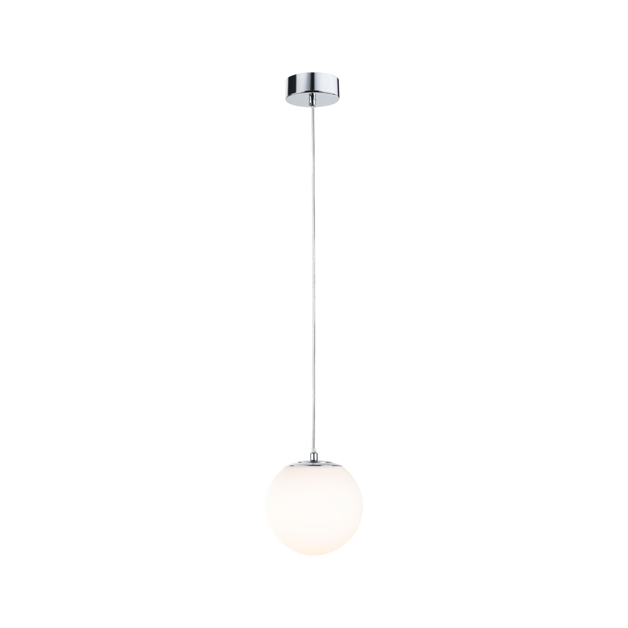 Suspension moderne en verre blanc et métal chromé, lampe LED élégante pour salon.