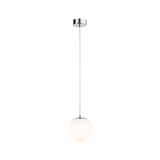 Modern pendant light with white glass and chrome metal, stylish LED hanging lamp for living rooms.