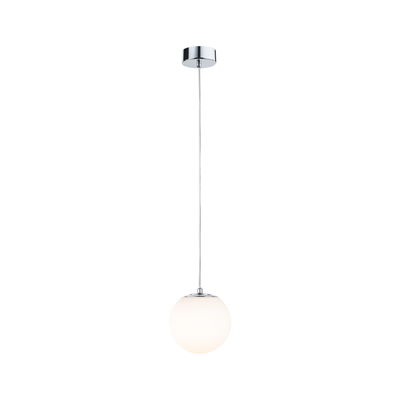 Moderne hanglamp met wit glas en chroom metaal, stijlvolle LED-lamp voor woonkamers.
