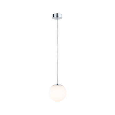 Modern pendant light with white glass and chrome metal, stylish LED hanging lamp for living rooms.