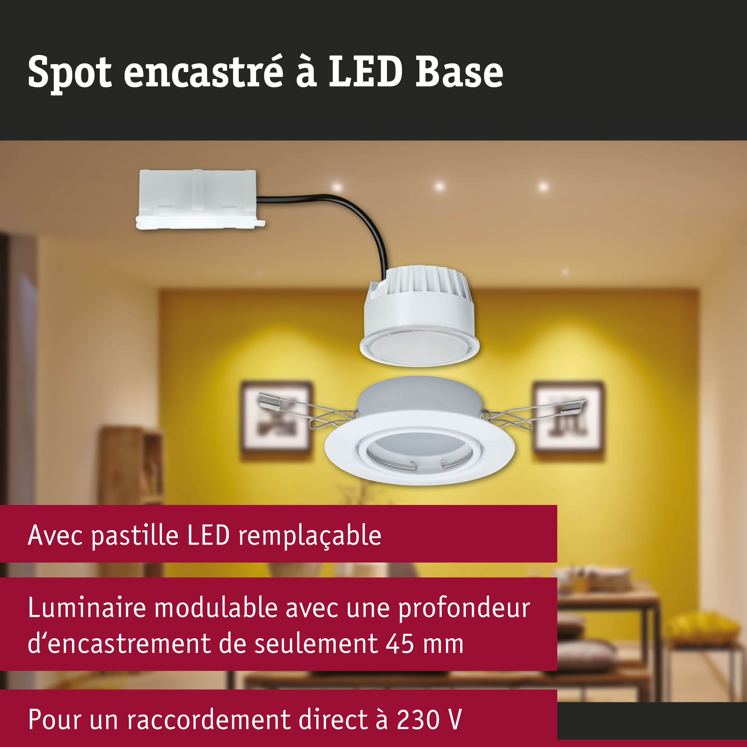 Spot encastré LED blanc avec pastille LED remplaçable et profondeur d'encastrement de 45 mm pour raccordement 230 V