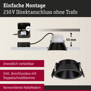 Schwarzer Einbaustrahler mit 55 mm Einbautiefe und Anschlussbox für 230 V Direktanschluss ohne Trafo