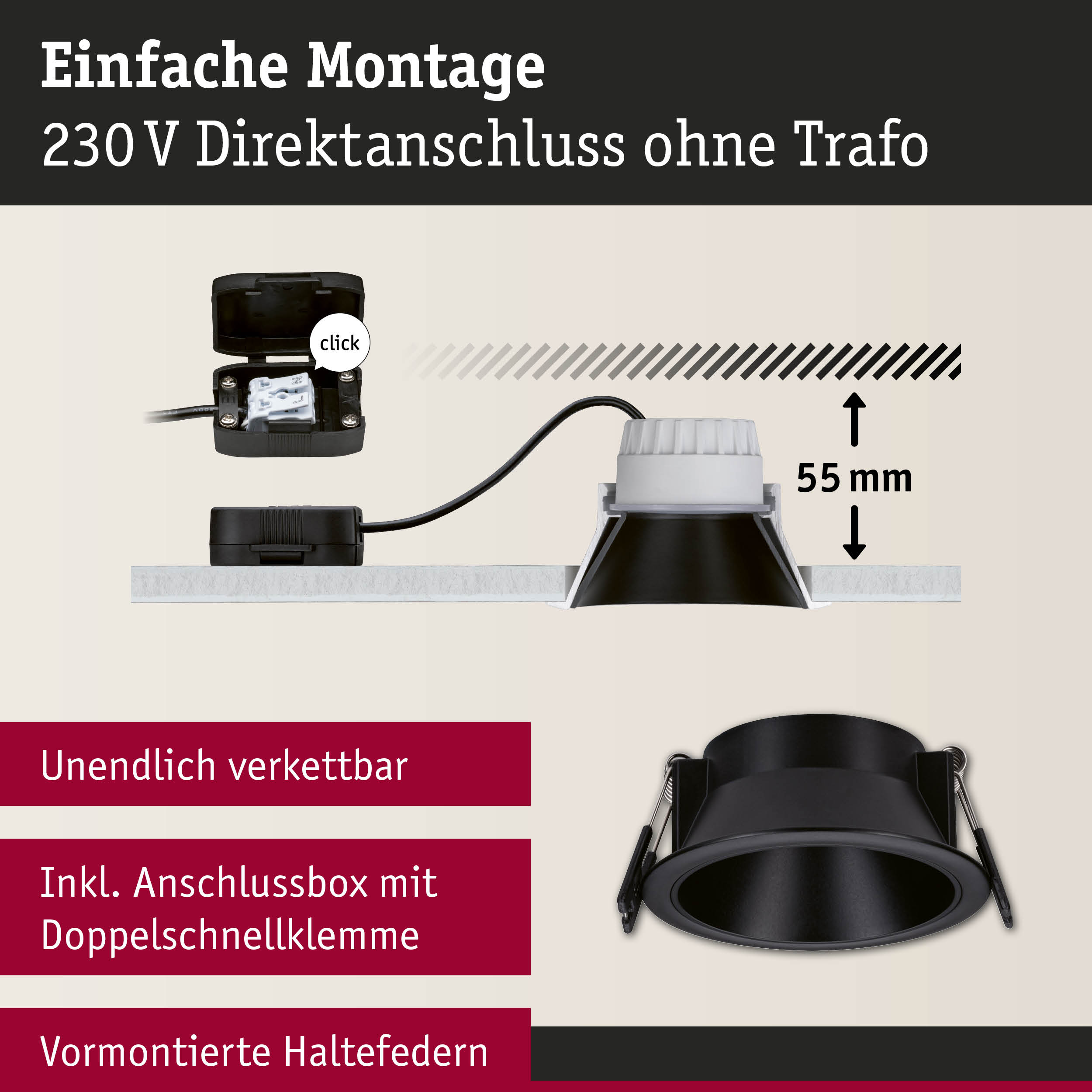 Schwarzer Einbaustrahler mit 55 mm Einbautiefe und Anschlussbox für 230 V Direktanschluss ohne Trafo