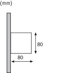 Technische Zeichnung einer quadratischen Wandlampe mit 80 mm Kantenlänge aus Metall in Grau