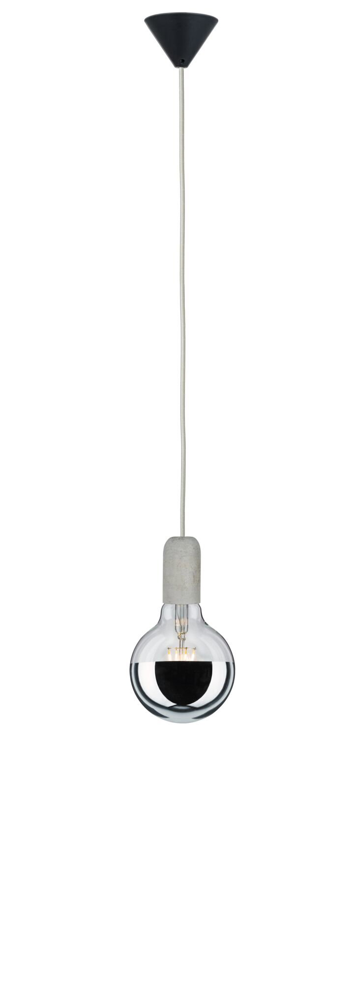 Pendant lamp with concrete socket and half-mirrored bulb in grey and silver for modern lighting