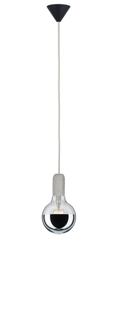 Pendant lamp with concrete socket and half-mirrored bulb in grey and silver for modern lighting