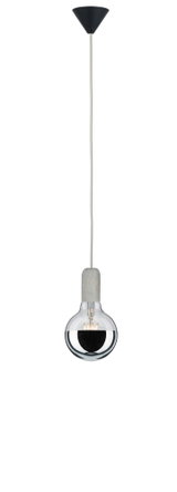 Pendant lamp with concrete socket and half-mirrored bulb in grey and silver for modern lighting