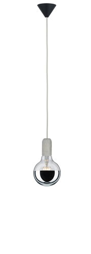Pendant lamp with concrete socket and half-mirrored bulb in grey and silver for modern lighting