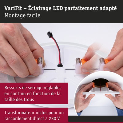 Éclairage LED blanc encastré avec ressorts réglables et transformateur intégré pour raccordement 230 V