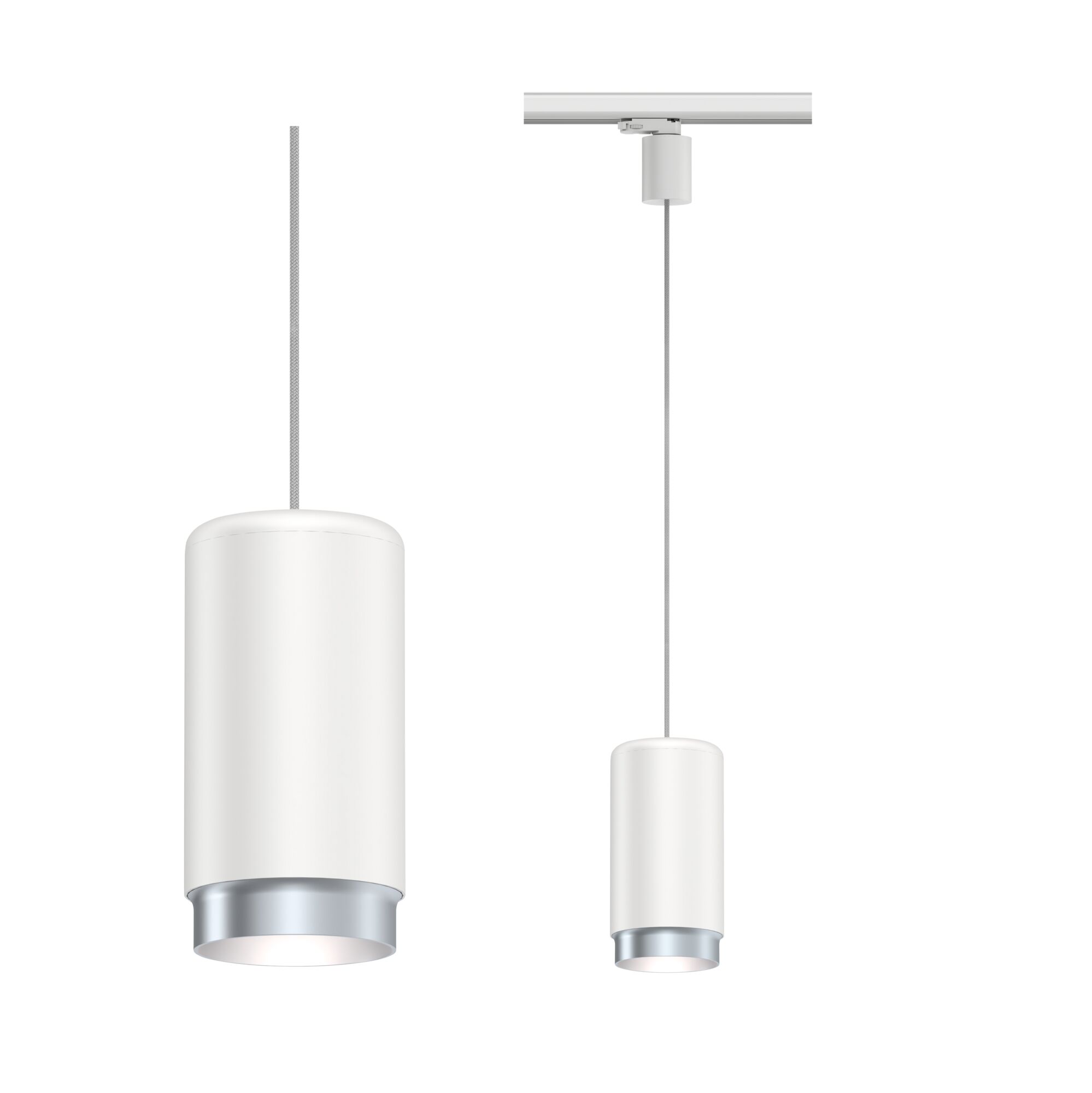 Moderne weiße Pendelleuchte aus Metall mit silbernem Rand, ideal für stilvolle Innenbeleuchtung.