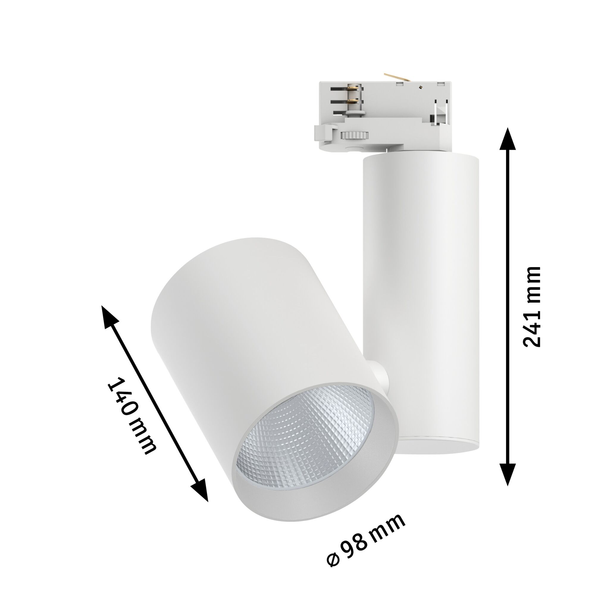 White metal LED spotlight with 98 mm diameter and 241 mm height for track lighting systems