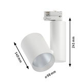 White metal LED spotlight with 98 mm diameter and 241 mm height for track lighting systems
