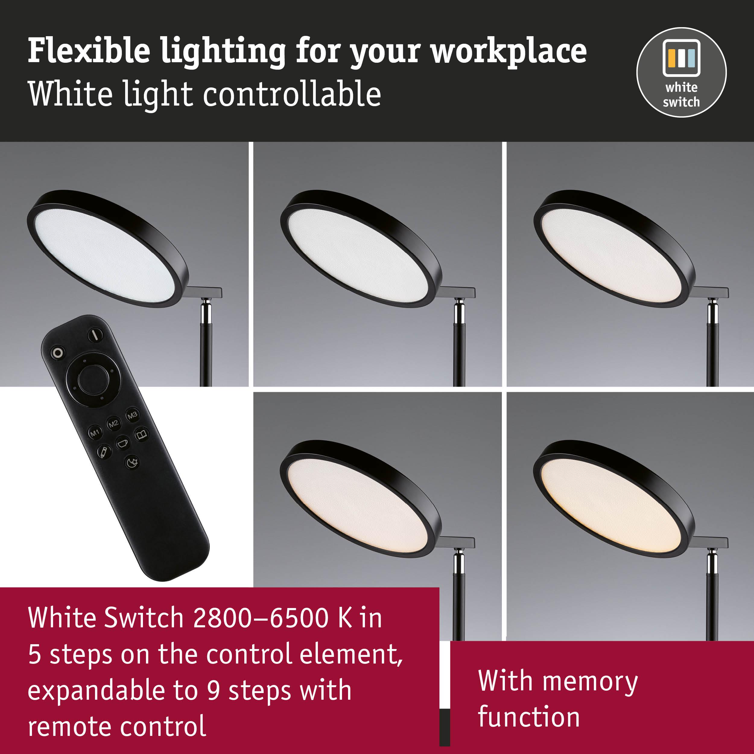 Adjustable desk lamp with white light 2800-6500K in 5 steps plus remote control memory function