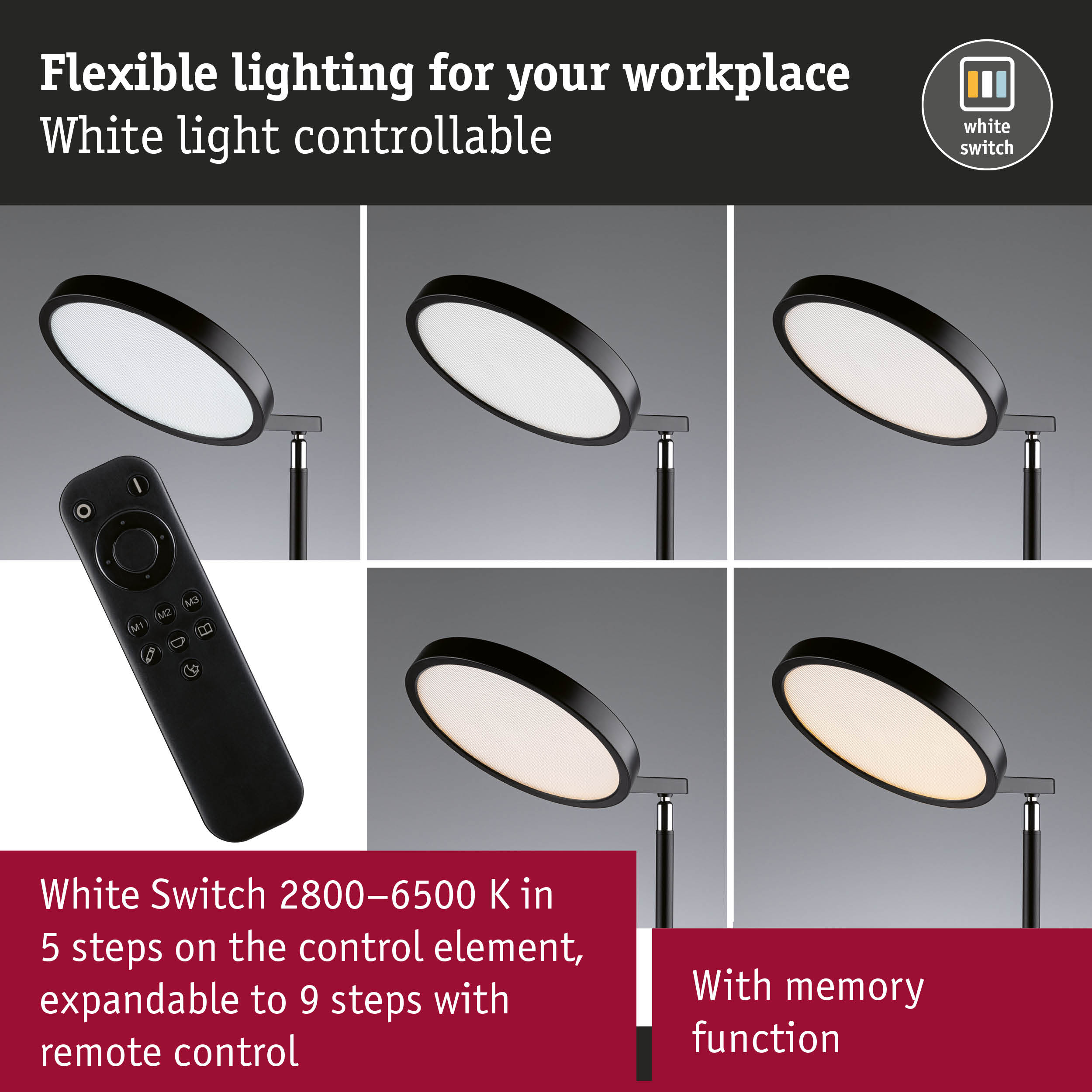 Black LED desk lamp with adjustable white light and remote control for flexible workplace lighting