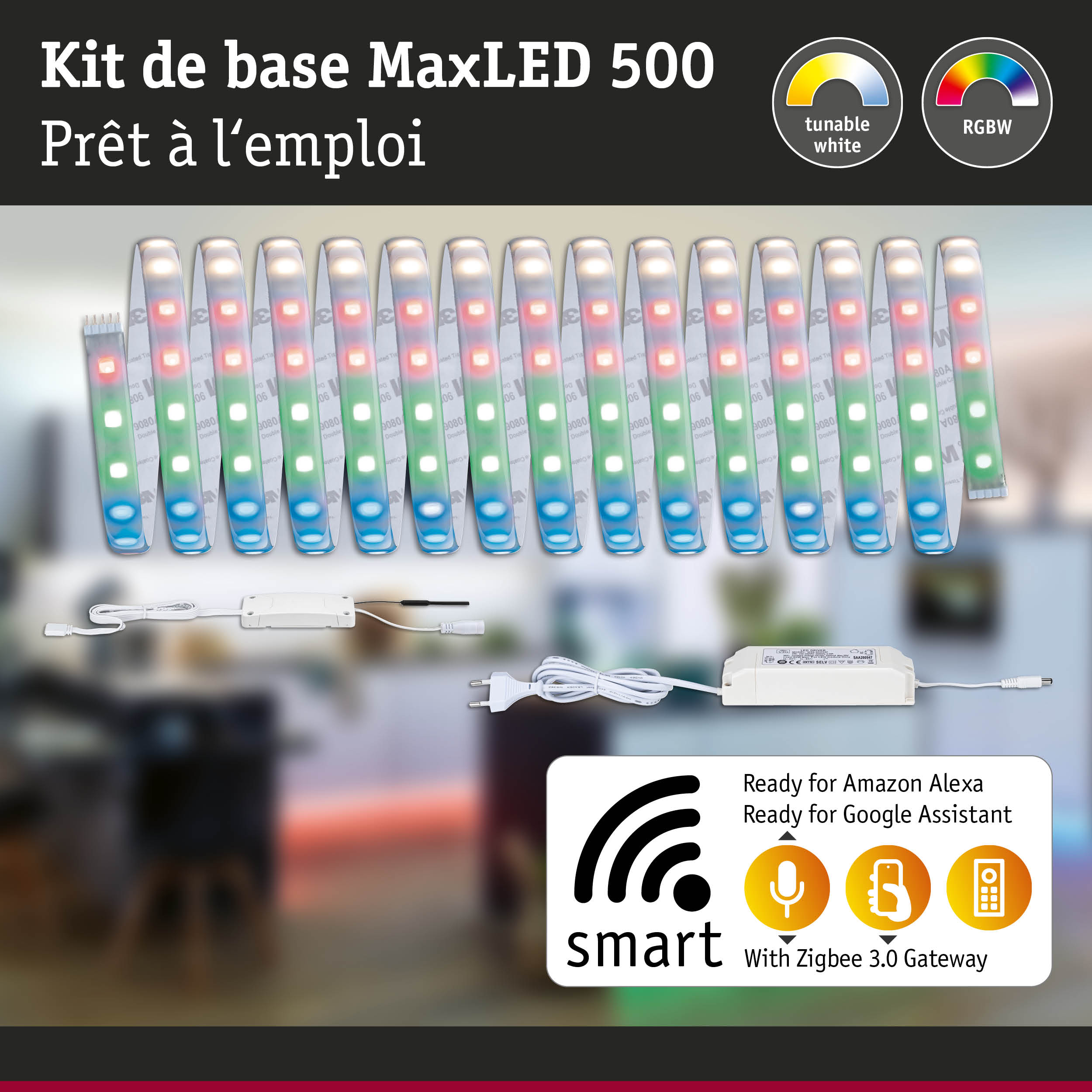Kit MaxLED 500 bande LED RGBW avec lumière blanche réglable et passerelle Zigbee 3.0 pour domotique