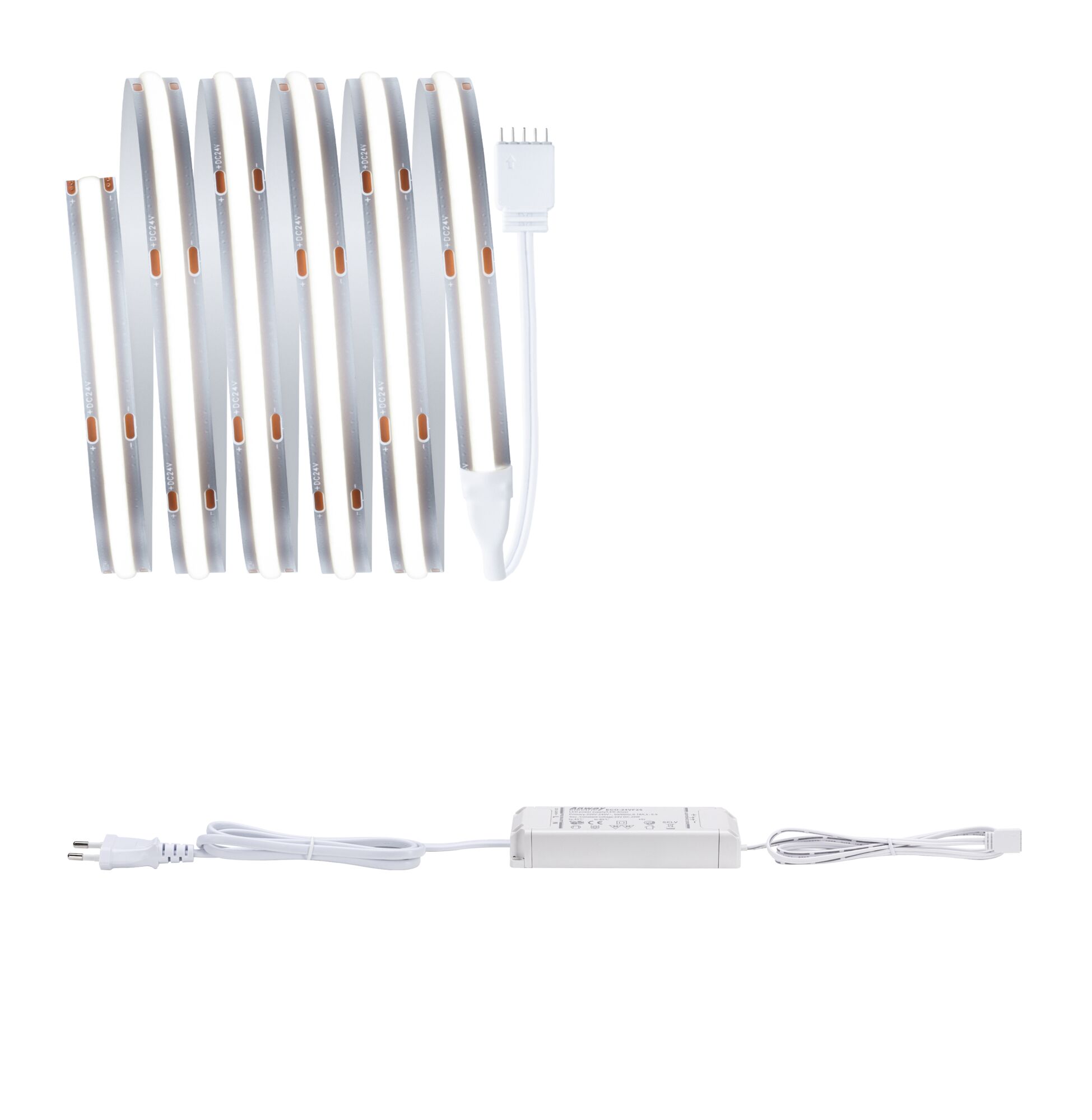 Weißes LED-Lichtband mit Netzteil und Stecker für flexible Beleuchtungslösungen im Innenbereich