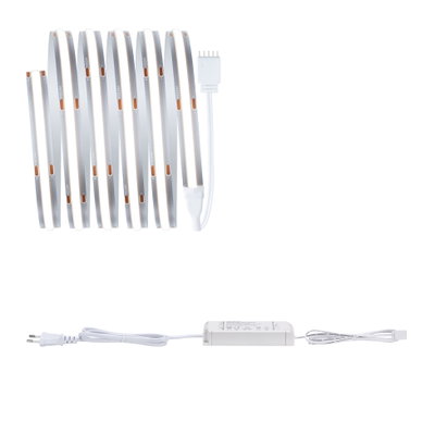 White LED strip light with power supply and plug for flexible indoor lighting solutions