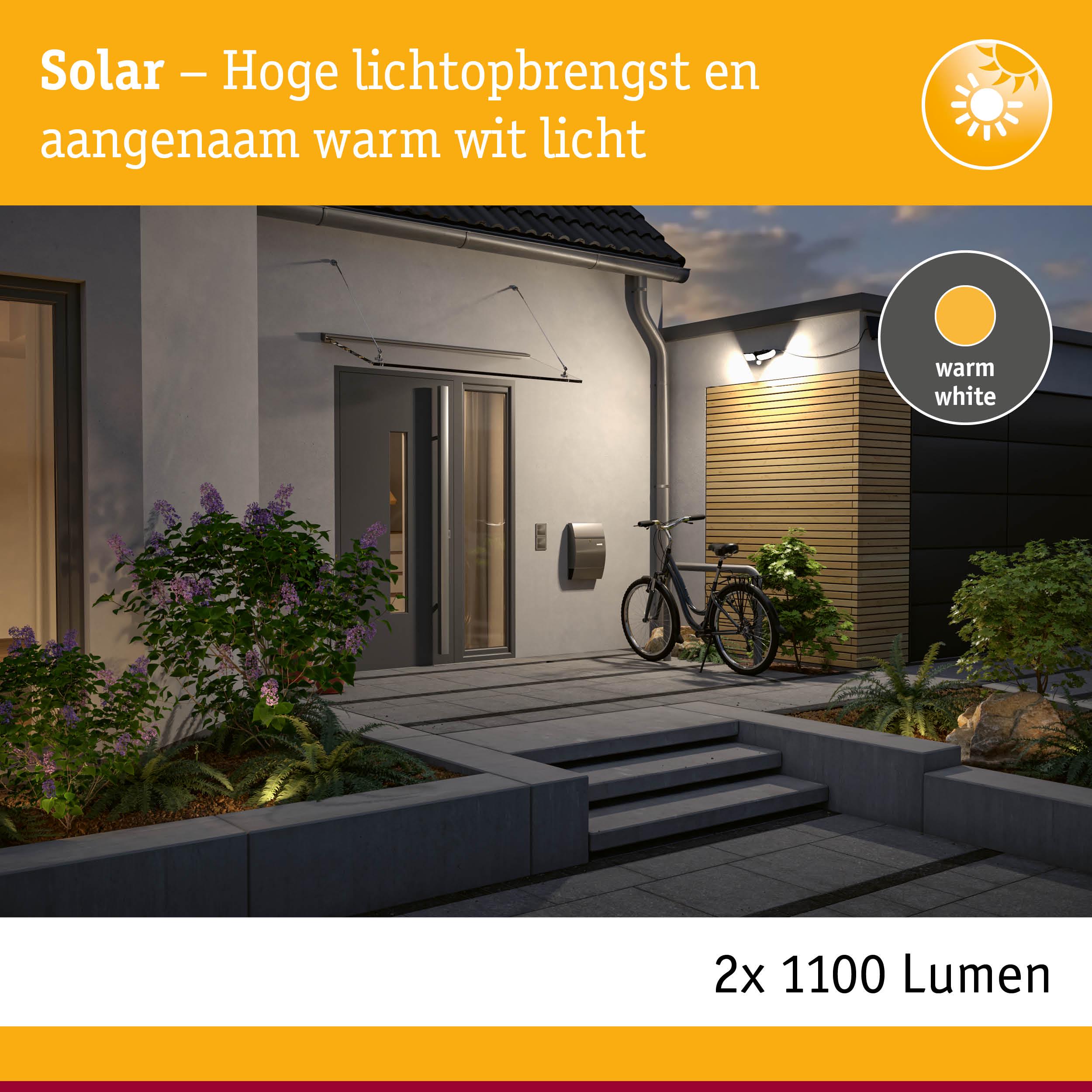 Solar buitenlamp met warm wit licht en 2x 1100 lumen voor heldere huisverlichting